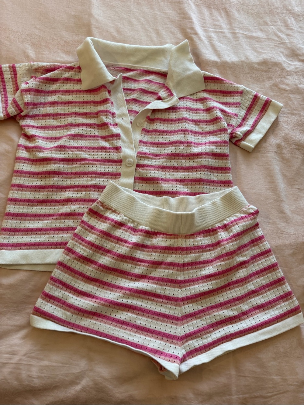 Amazon Pink and White Striped Knit Polo Top and Shorts Set